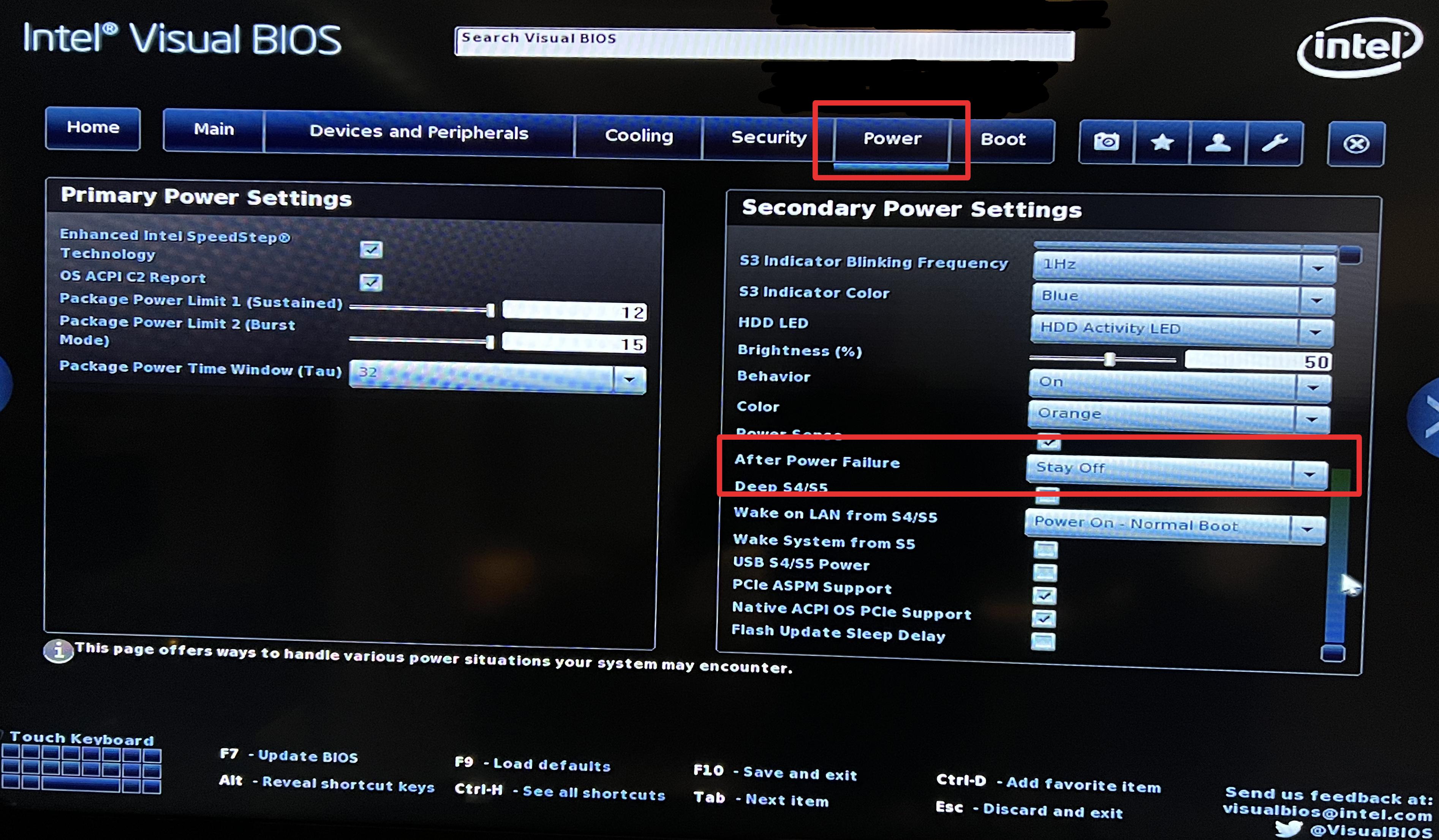 Intel NUC BIOS Power Settings Screen