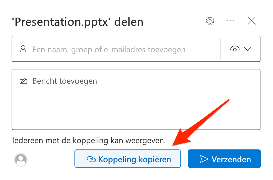 Delen met anderen popup - koppeling kopiëren